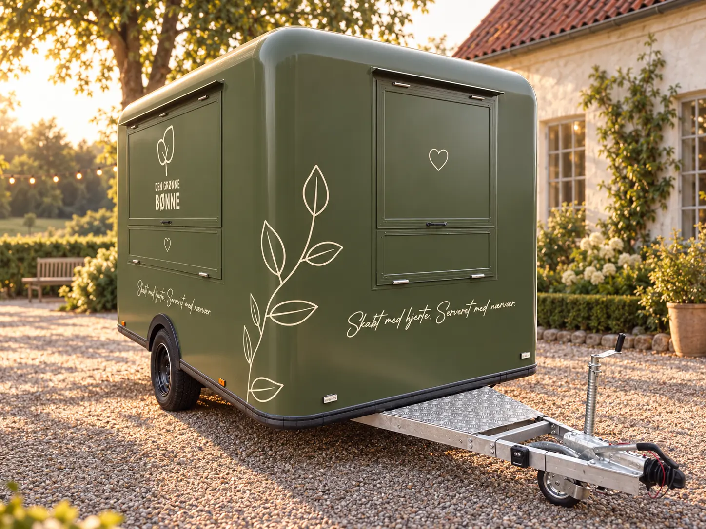 Den Grønne Bønnes grønne food trailer med blade og hjerter