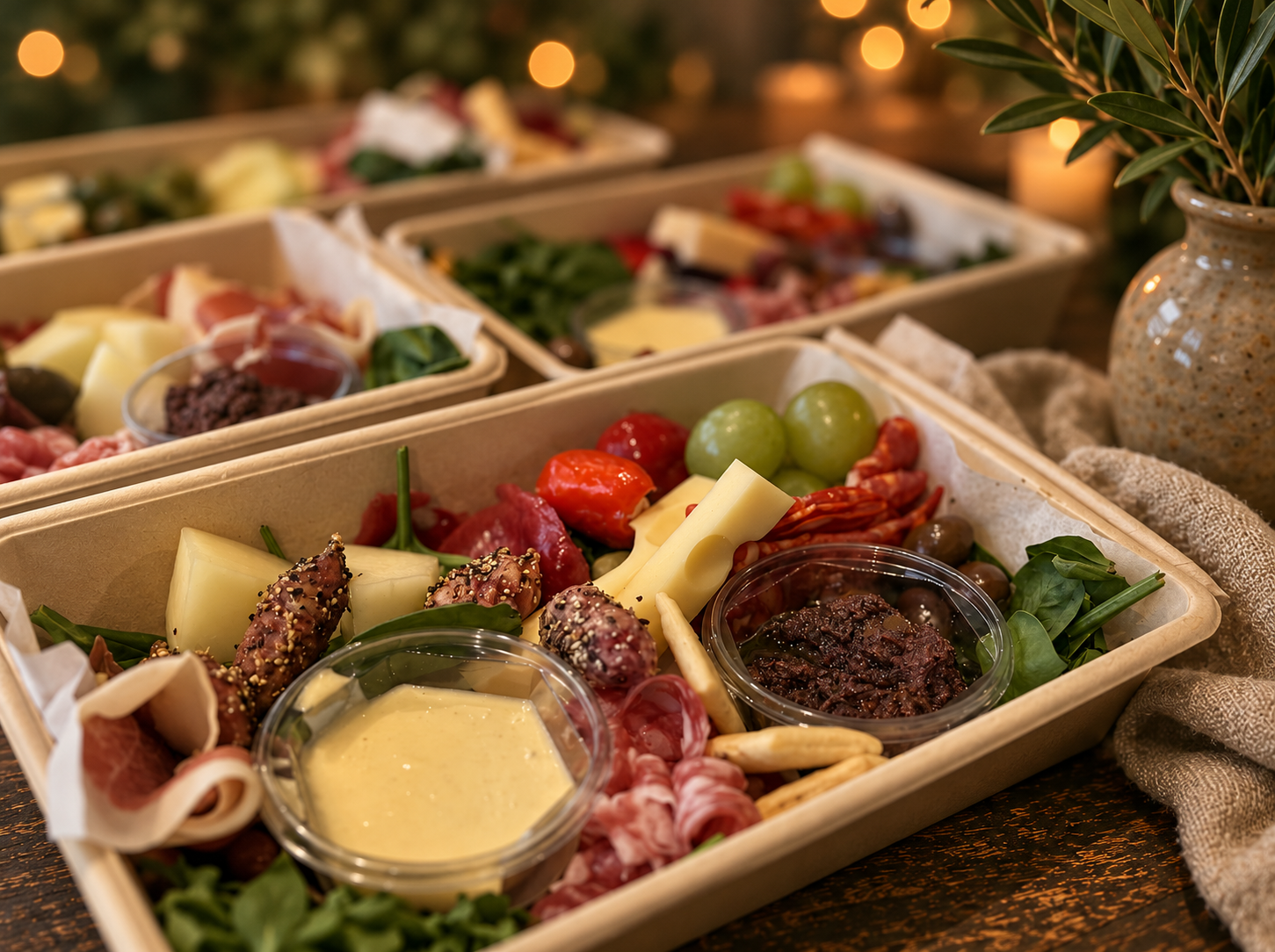 Tapas i portionsbakker med ost, charcuteri, druer og dip