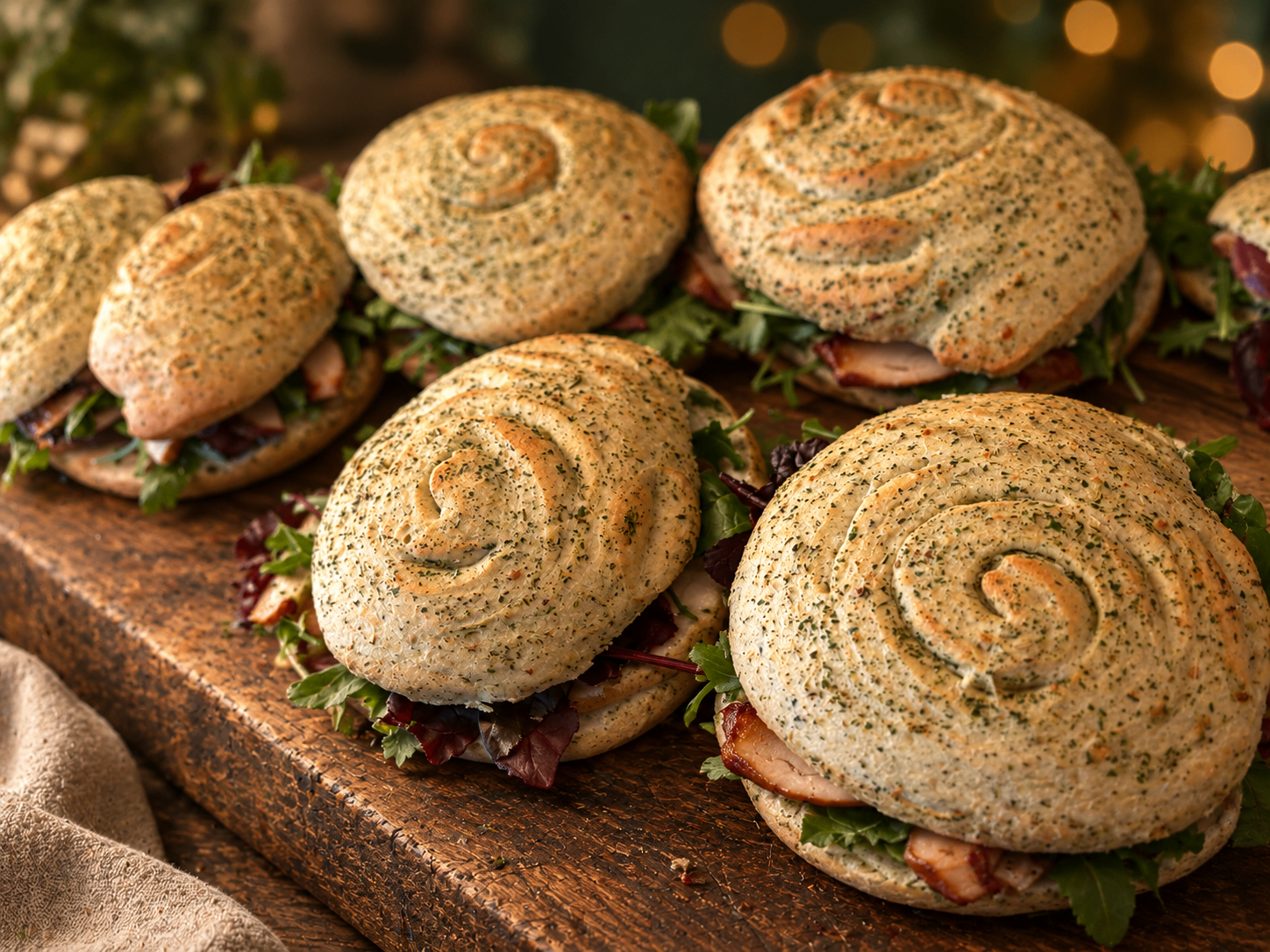 Sandwiches med kryddersnegle-brød, kød og salat på træbræt